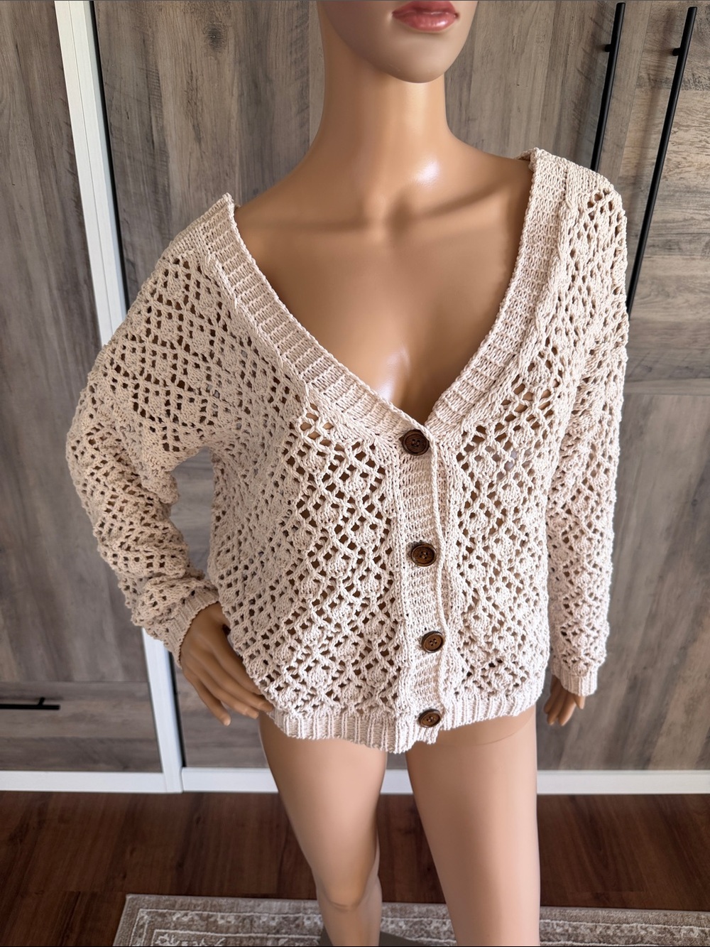 Nicole Miller Open Crochet Button-Up Cardigan in Beige